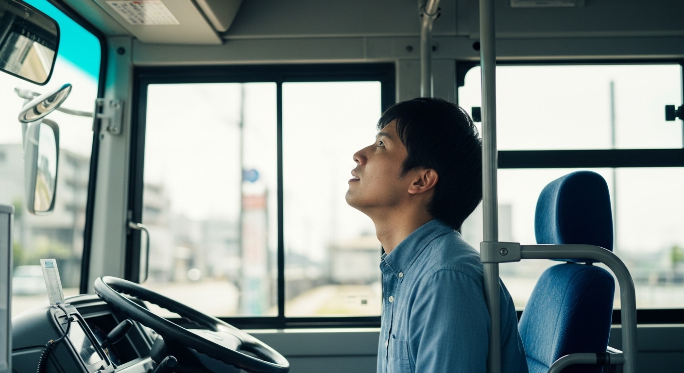 バス停でバスを見上げる30代男性が、運転席の高さに圧倒されている様子