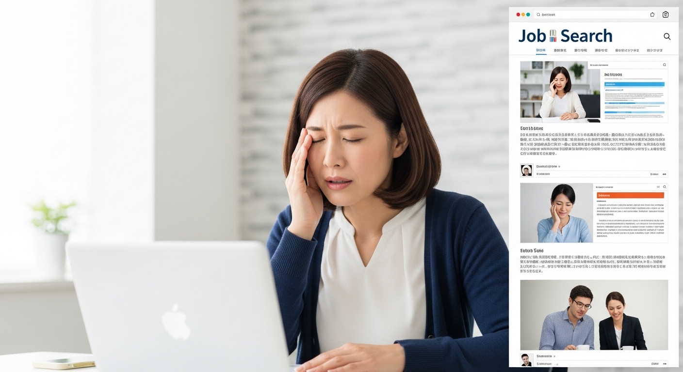 デスクで求人サイトを見ながら、選択肢の少なさにため息をつく40代女性