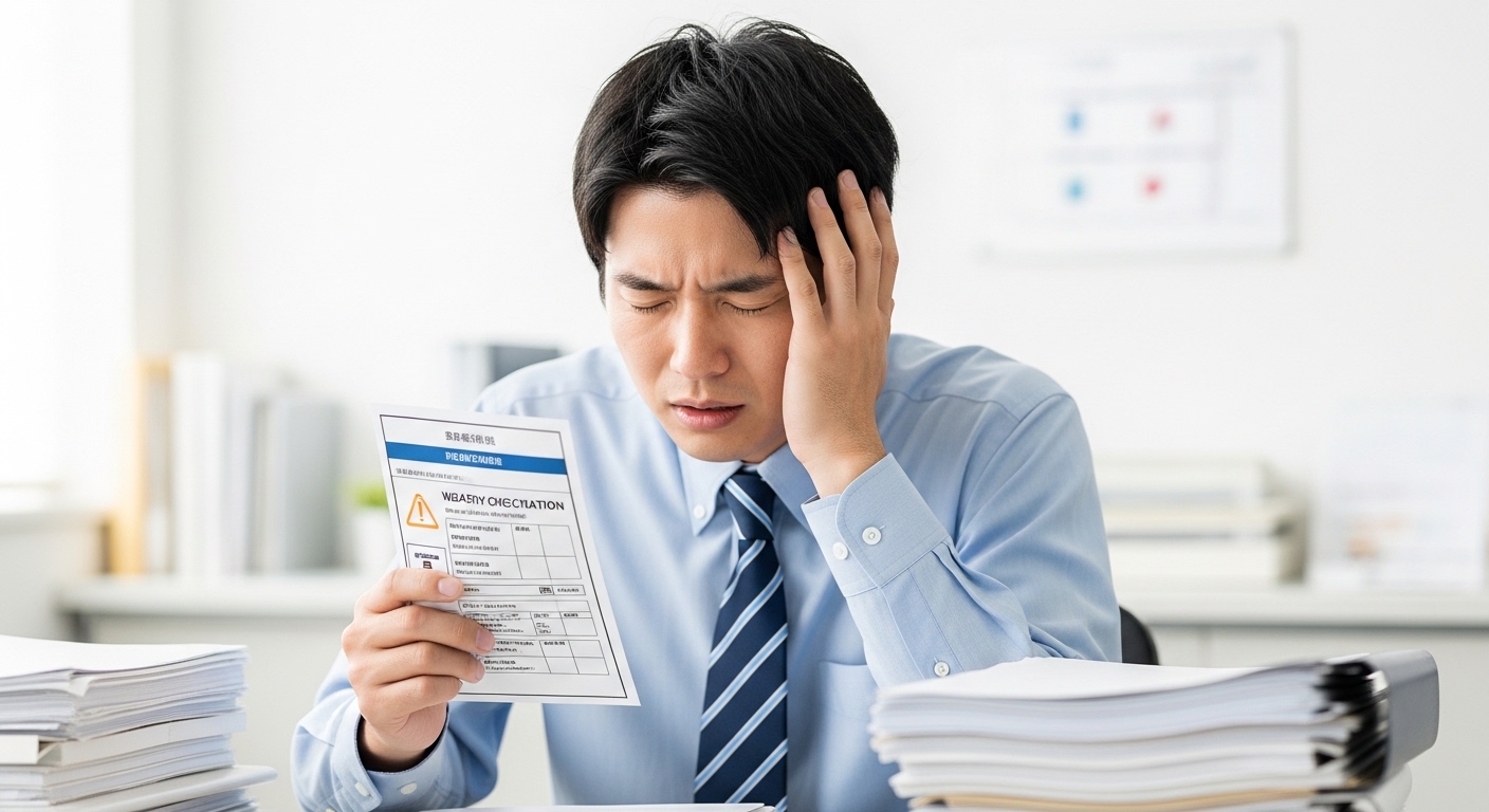 デスクに積み上がった書類の中で健康診断の案内を手に取り、ため息をつく30代男性会社員