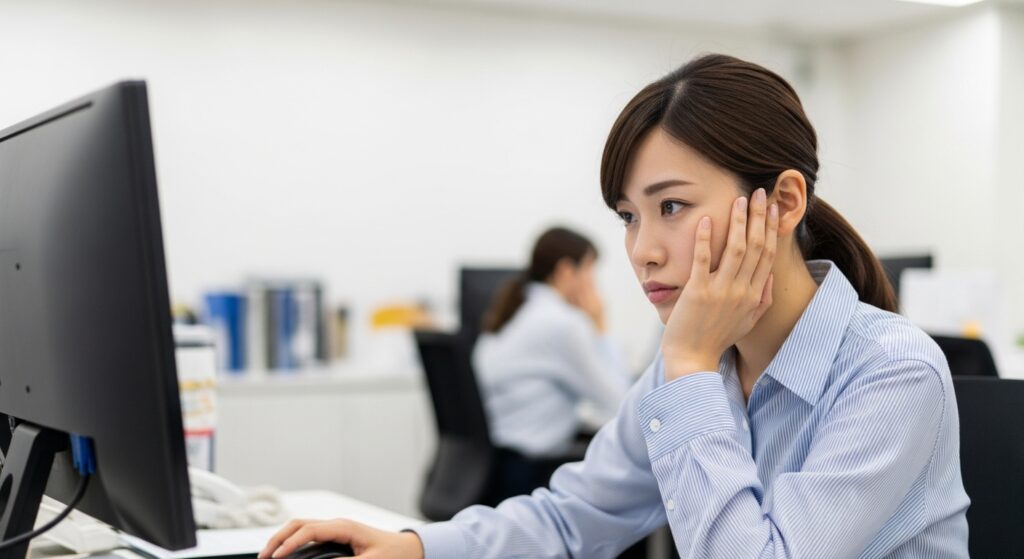 夜遅くまで残業するオフィスで、疲れた表情でパソコン画面を見つめる女性