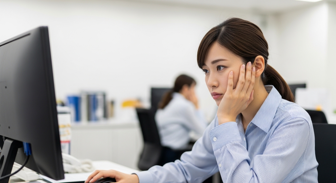 夜遅くまで残業するオフィスで、疲れた表情でパソコン画面を見つめる女性