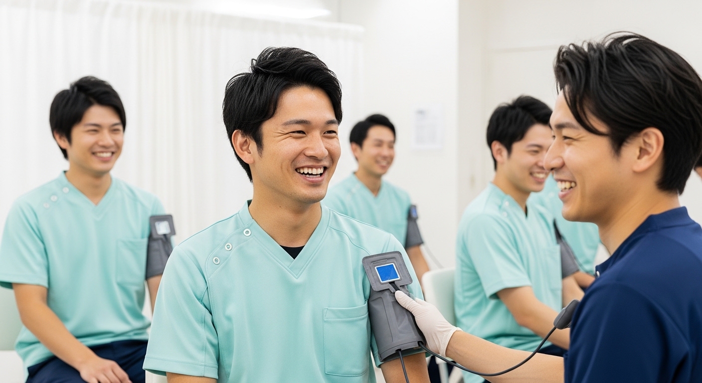 明るい健診センターで笑顔で健康診断を受ける制服姿の男性従業員