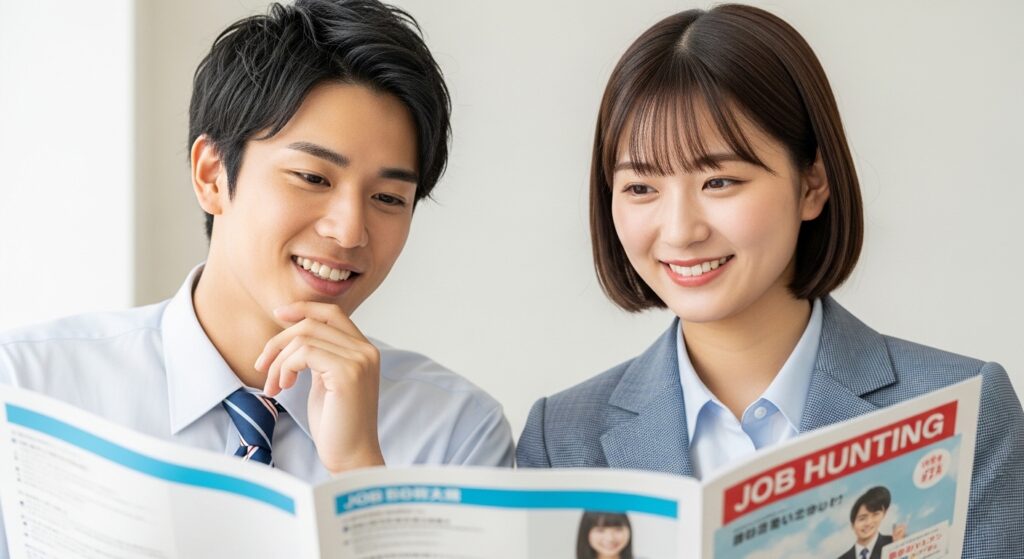 明るい表情で就職活動の資料を見ながら将来を考える大学生の男女