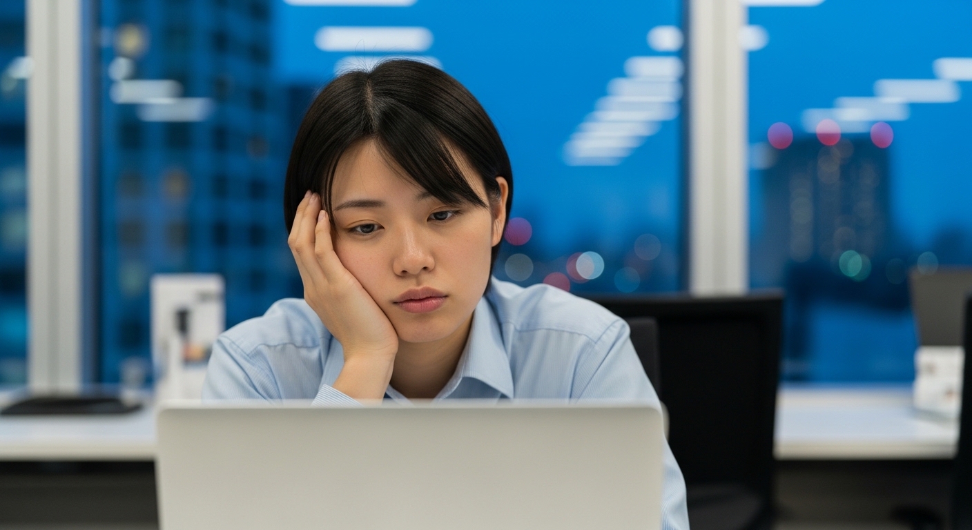 都会のオフィスビルで疲れた表情で残業をする若手社員