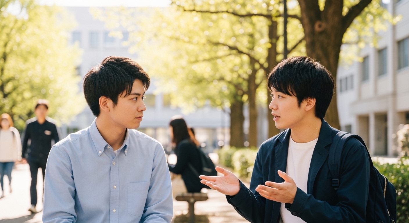 キャンパスのベンチで将来について真剣に話し合う大学生たち
