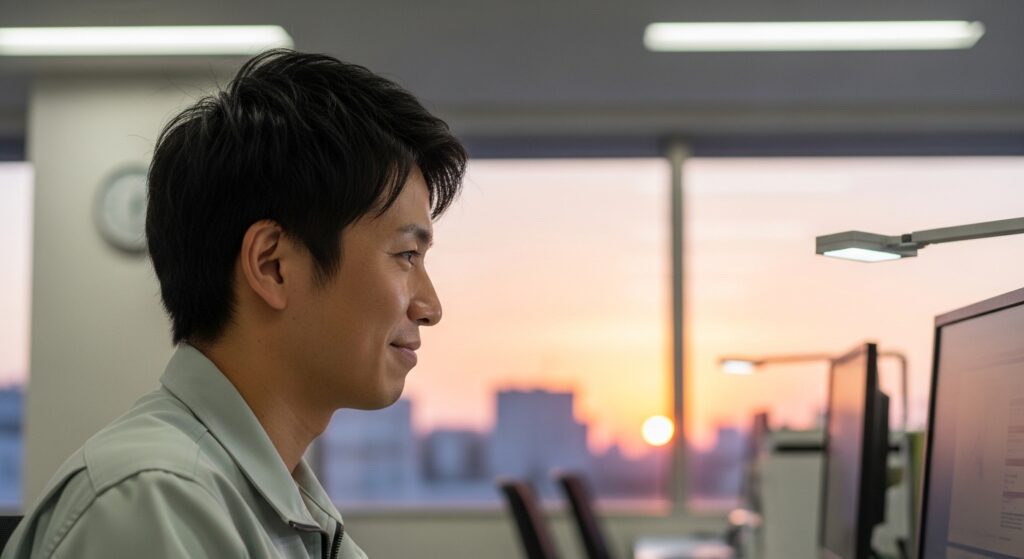 オフィスで一人黙々とパソコンに向かって作業をする30代男性の横顔、窓の外は夕暮れで疲労感が漂う