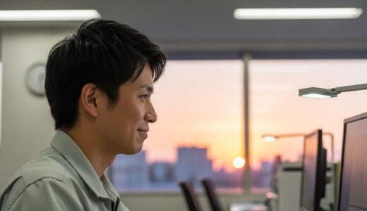 オフィスで一人黙々とパソコンに向かって作業をする30代男性の横顔、窓の外は夕暮れで疲労感が漂う