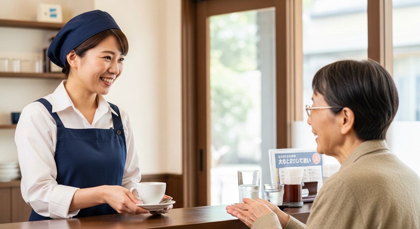 カフェで笑顔でお客様に接客をする店員と、温かい表情で応える高齢者のお客様