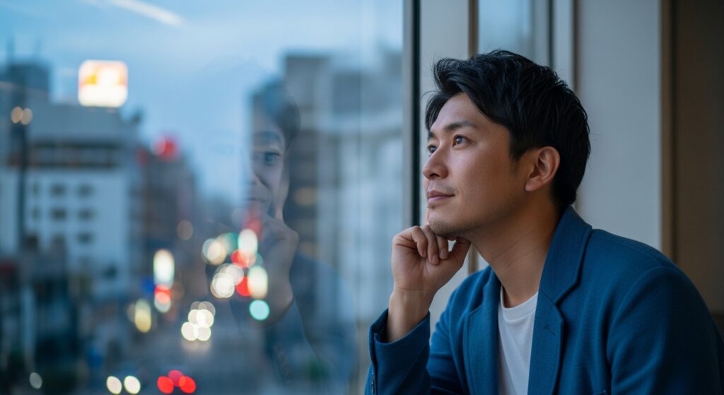 都会の窓辺で夕暮れを眺めながら地元での暮らしを思い浮かべ物思いにふける30代の男性