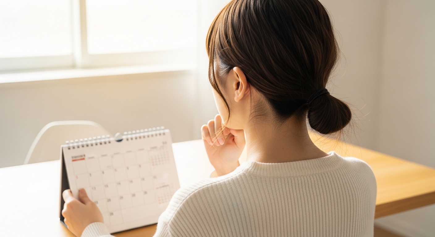 カレンダーを前に来年こそはと考えながらも決断を先延ばしにしている30代女性の後ろ姿