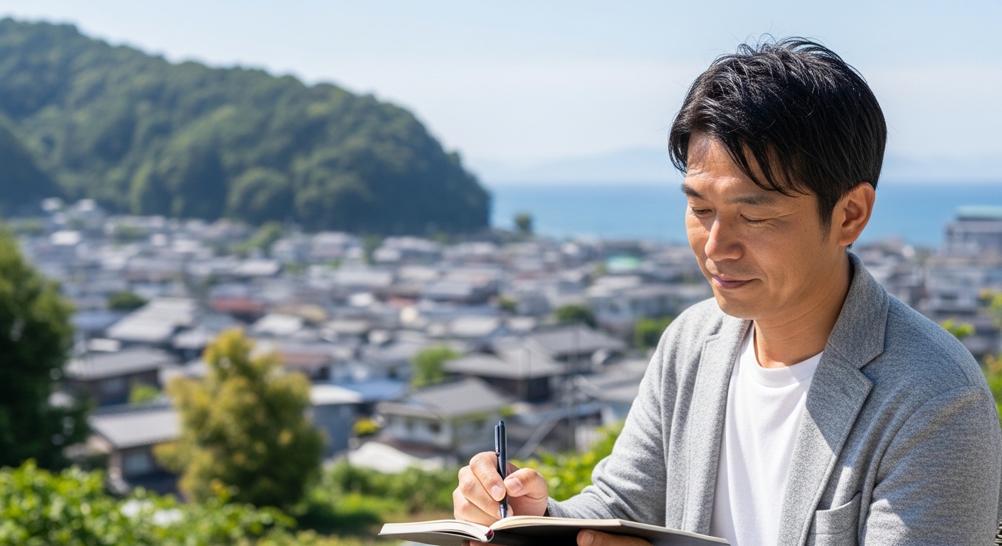 地方の穏やかな街並みを背景に手帳に将来の暮らしのプランを書き込む落ち着いた表情の男性