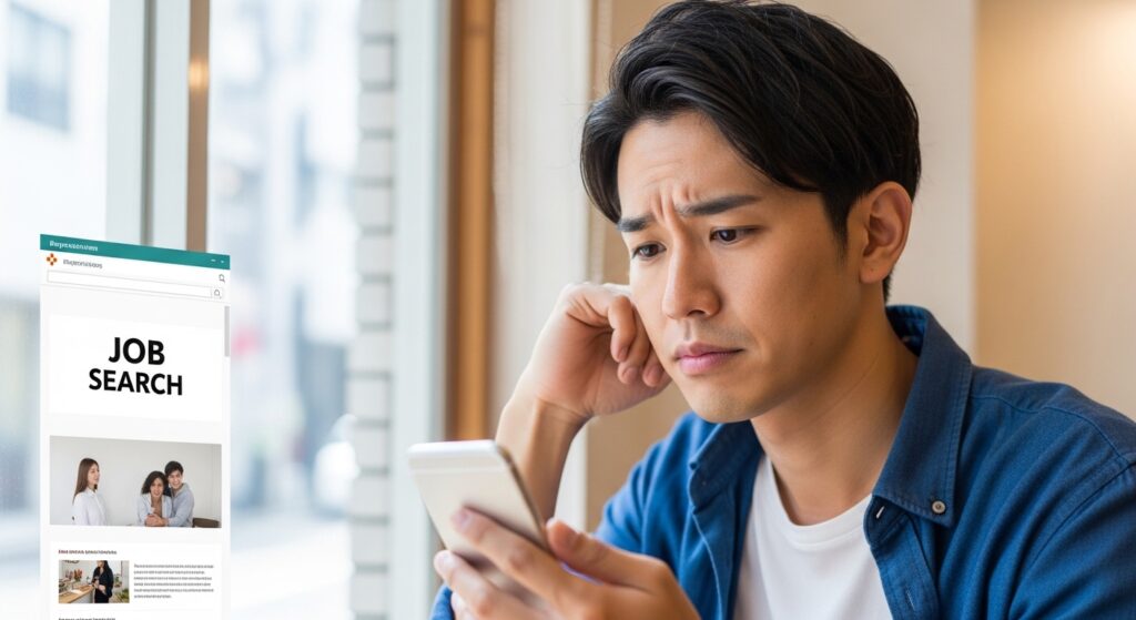 カフェの窓際で求人サイトをスマートフォンで眺めながら少し眉をひそめる30代男性、自然光の柔らかい雰囲気