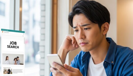 カフェの窓際で求人サイトをスマートフォンで眺めながら少し眉をひそめる30代男性、自然光の柔らかい雰囲気