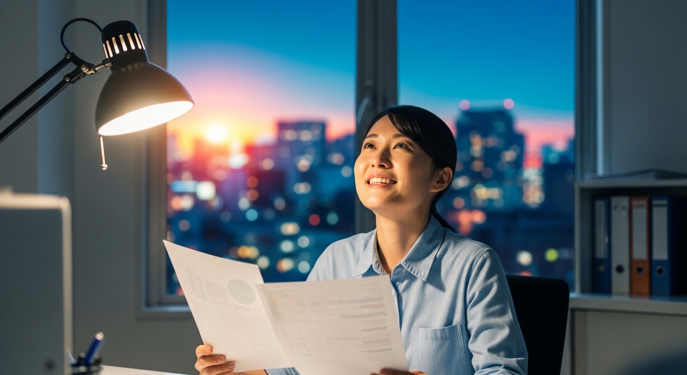 夜遅くのオフィスで一人残り、疲れた表情で書類を見つめる30代の会社員、窓の外は暗い
