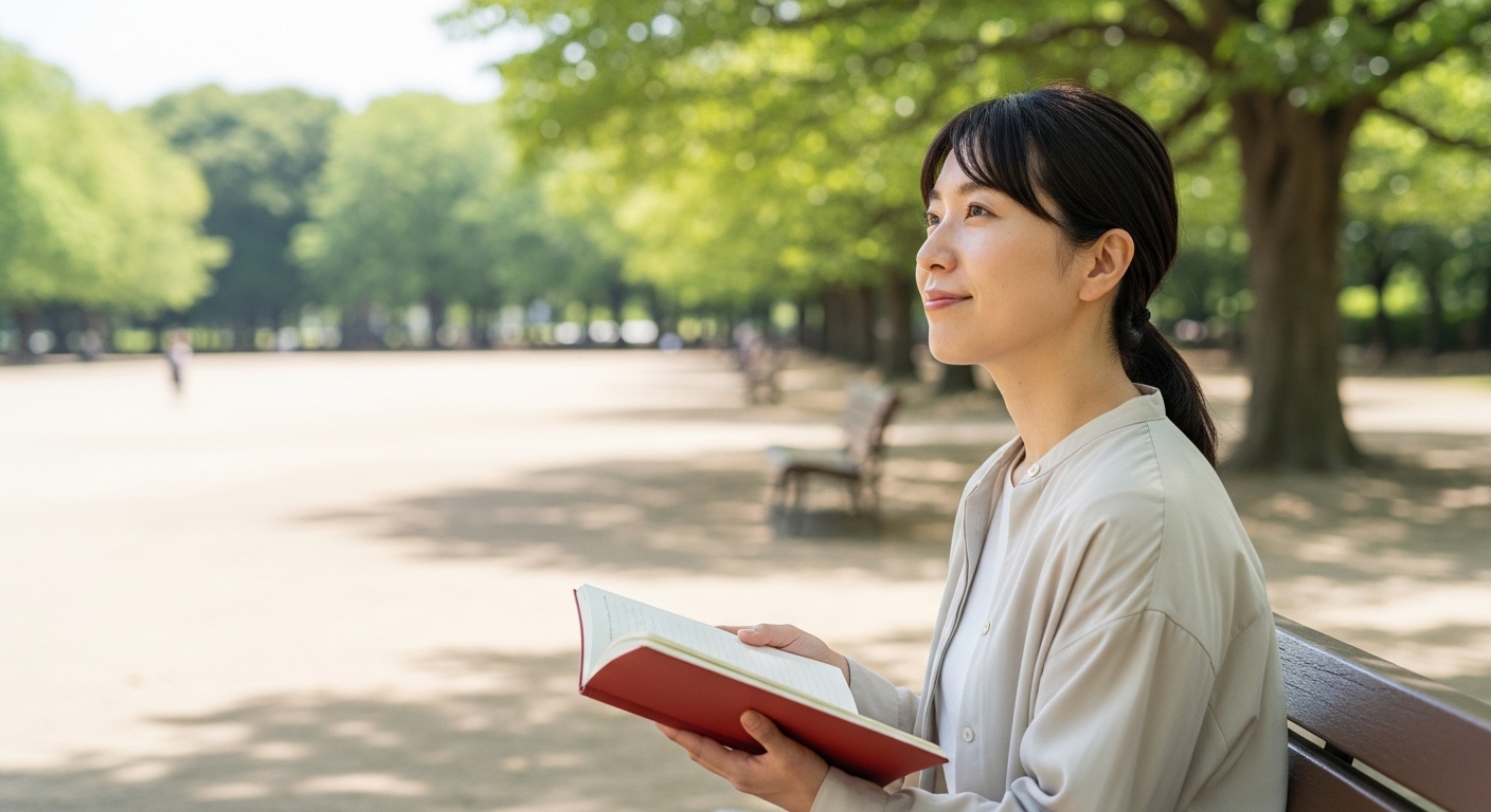 広い公園のベンチで手帳を開き、遠くを見ながら将来について考える穏やかな表情の30代の人物