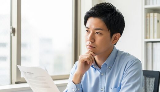 求人票を見ながら少し疲れた表情で考え込む30代の男性会社員、オフィスの窓際、冷静で内省的な雰囲気