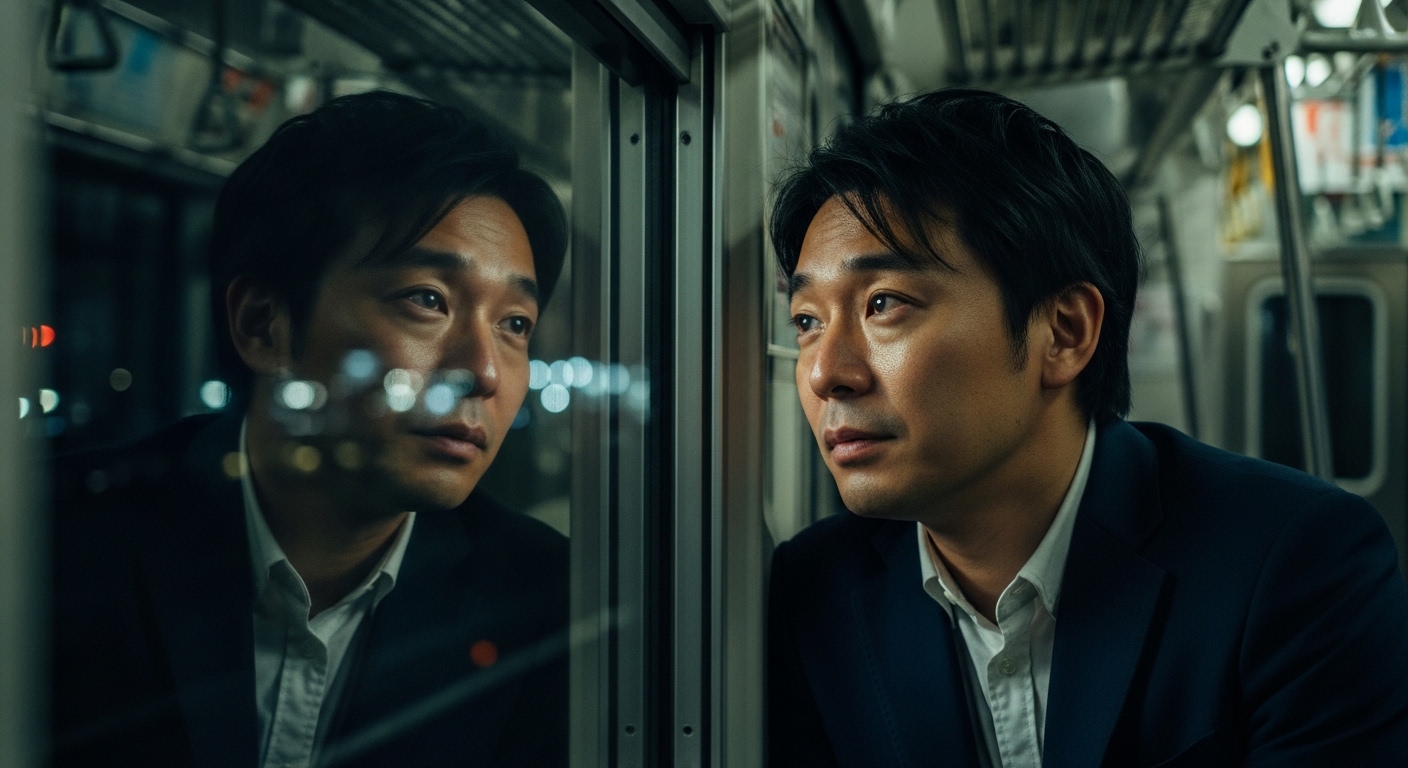 夜の帰宅電車の窓に映る疲れた自分の顔を見つめる30代の男性、暗い車内、静かで内省的な空気感