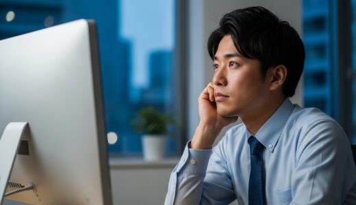 夕方のオフィスでパソコンの前に座り、疲れた表情で窓の外を眺める30代の会社員男性、少し物思いにふけっている雰囲気