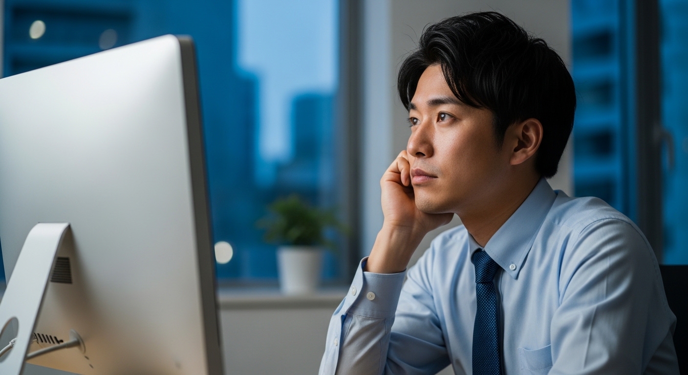 夕方のオフィスでパソコンの前に座り、疲れた表情で窓の外を眺める30代の会社員男性、少し物思いにふけっている雰囲気
