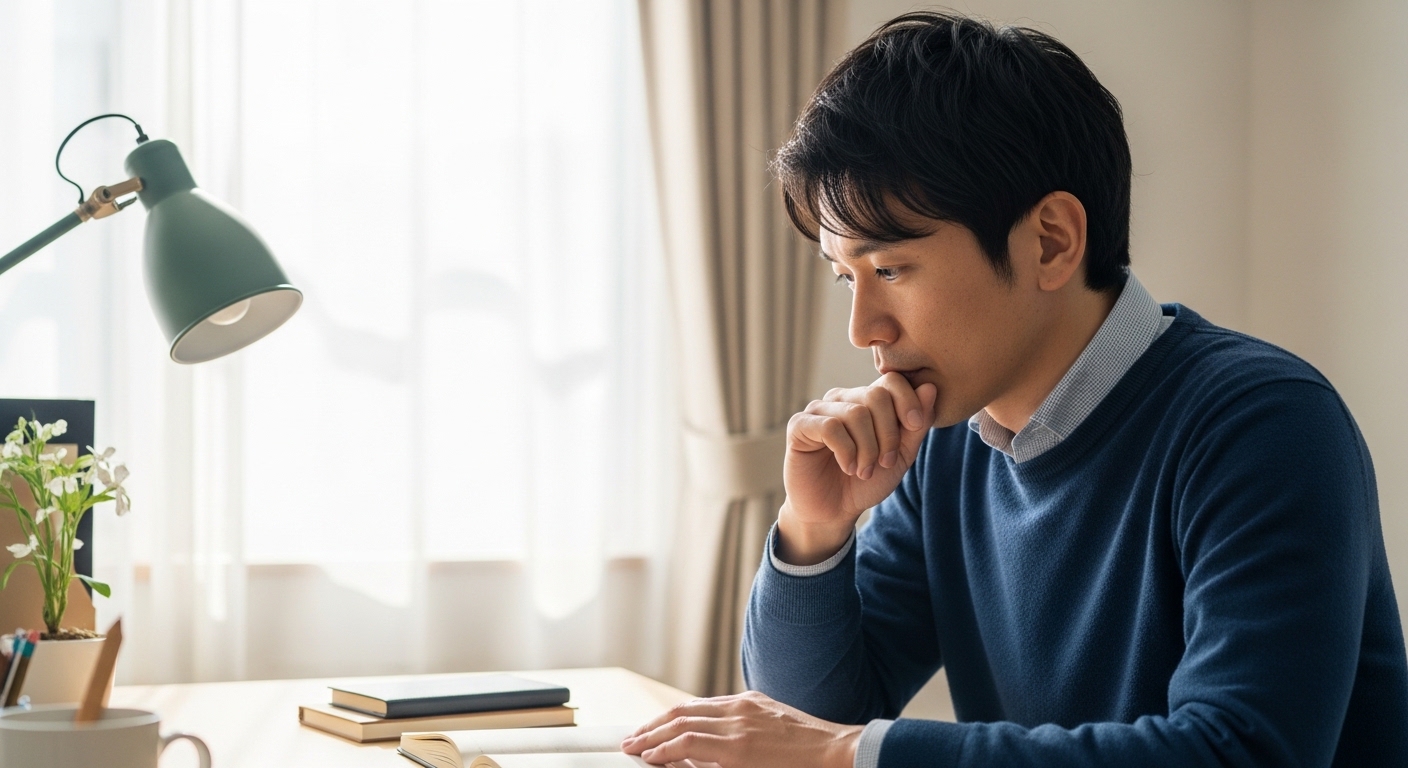 自宅の机で手帳を開き、将来のキャリアについて真剣に考え込む30代の男性、窓から差し込む柔らかな光