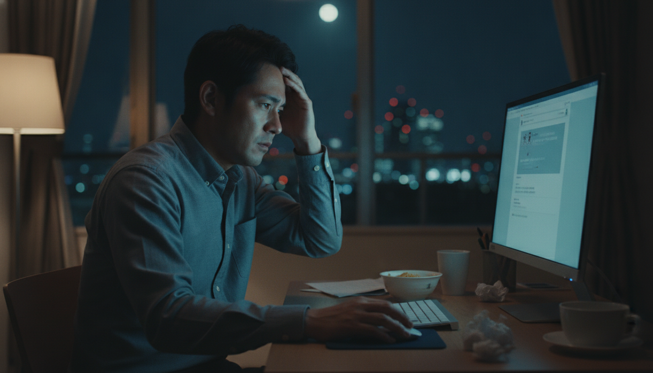 夜、机に向かって求人サイトを開いたパソコン画面を見つめながら、応募をためらってため息をつく30代の男性
