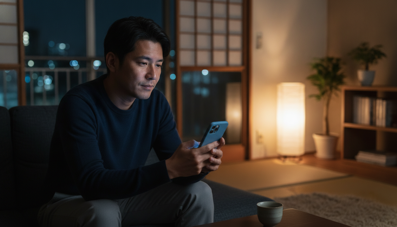 夜のリビングでスマートフォンを片手に転職について静かに考える30代男性の落ち着いた表情