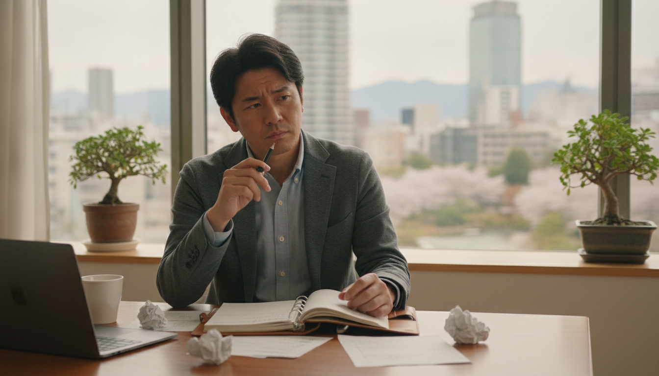 窓際で手帳を前にして次のキャリアについて真剣に考える30代の会社員