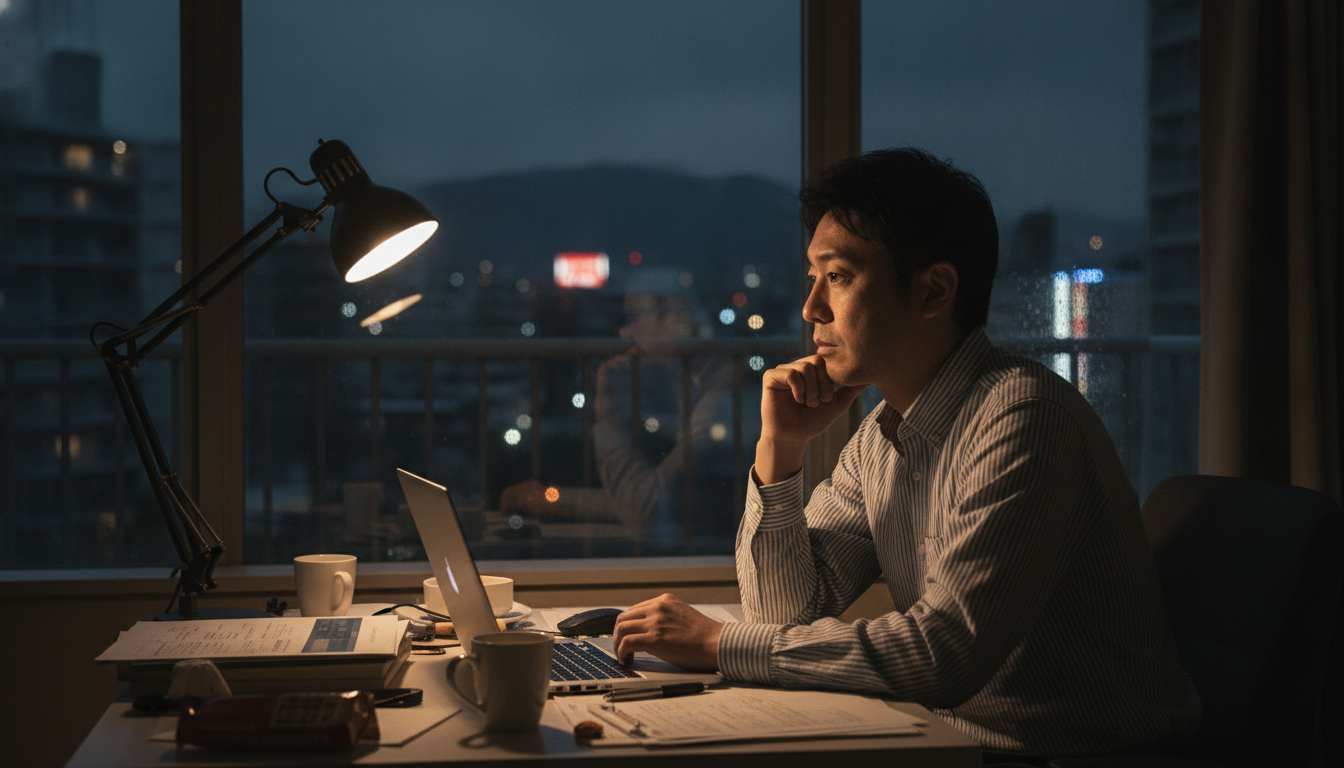 夜遅くにデスクで疲れた表情を浮かべ、窓の外を見つめながら将来を考える30代の会社員
