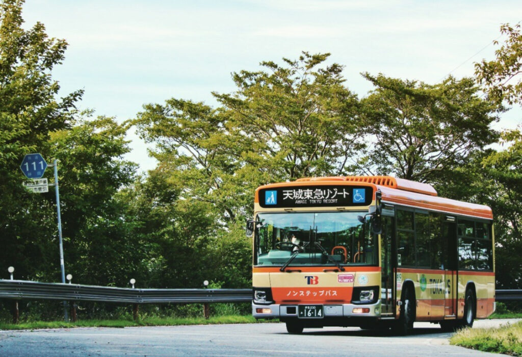 伊豆の海沿いを走る東海バスの路線バスと、運転席で誇らしげに前を見据えるプロの運転士