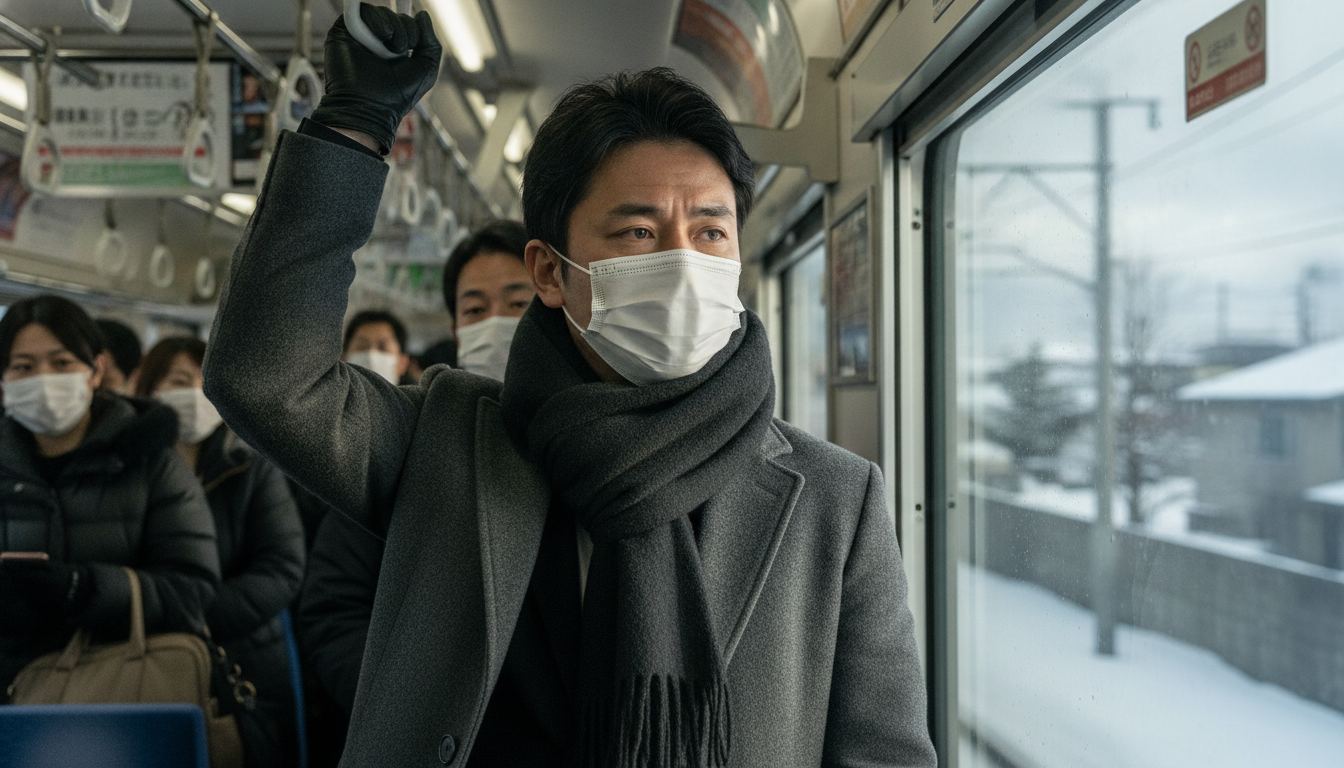 冬の朝、マスクをしてマフラーを巻き、少し疲れた表情で通勤電車に乗る30代男性会社員
