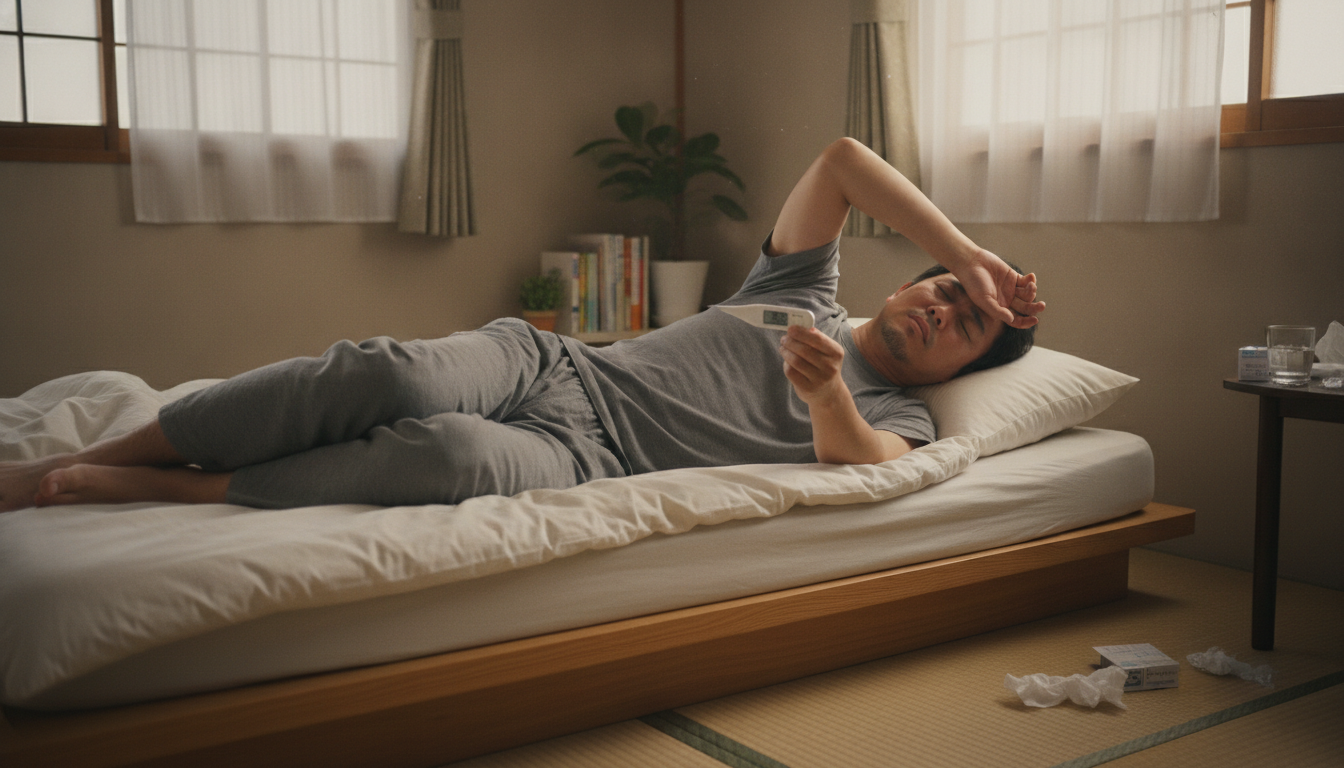 自宅のベッドで体温計を手に、ひとりで体調不良に耐えている30代男性