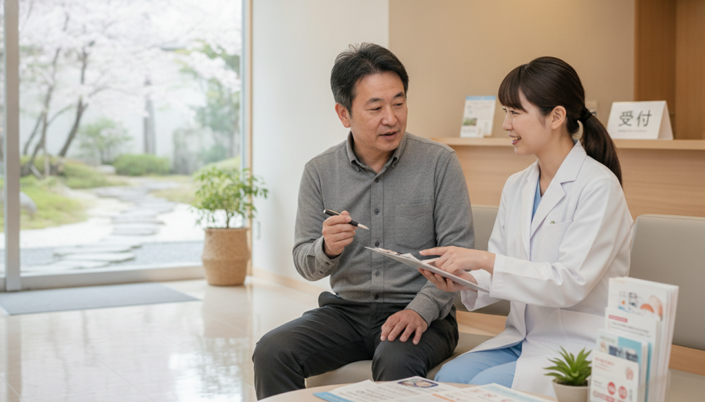健康診断の問診票を前に、医療スタッフと穏やかに話す落ち着いた表情の中年男性